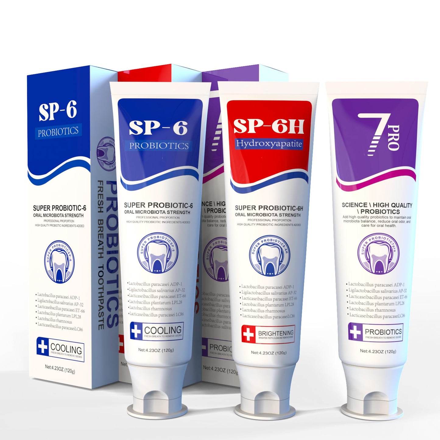 SP-6 Toothpaste Set – 6 Probiotics Whitening & 7Pro Deep Whitening (Fluoride-Free) 3-in-1