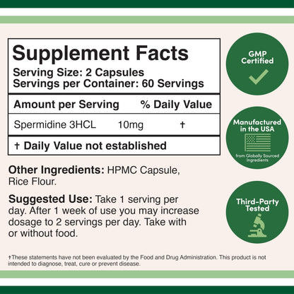 Double Wood Spermidine Supplement 10 mg (99% Spermidine 3HCl) – 120 Capsules – Third-Party Tested