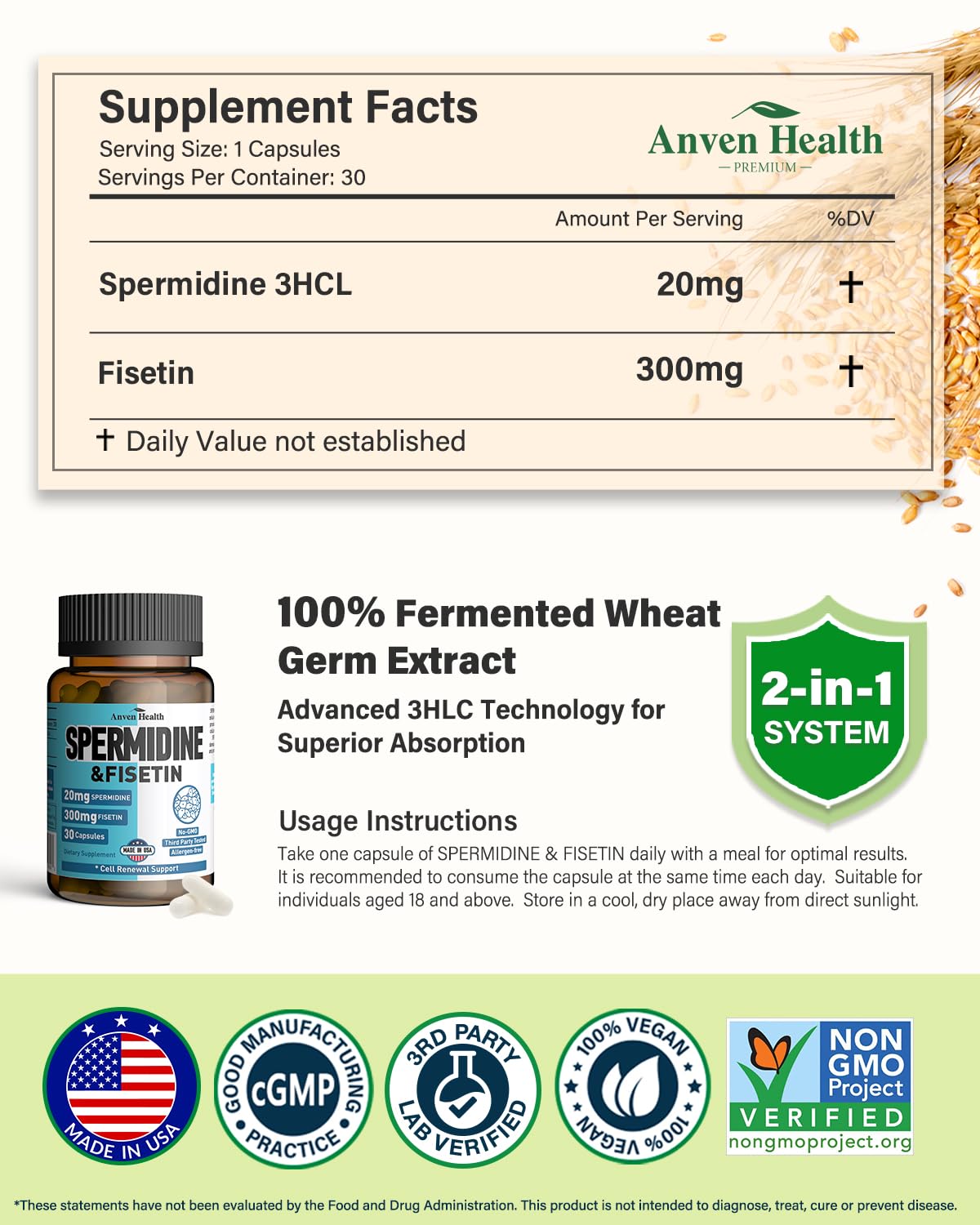 Spermidine & Fisetin Supplement – 20mg Spermidine, 300mg Fisetin | 60 Veggie Caps | Made in USA