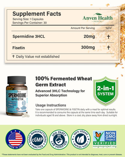 Spermidine & Fisetin Supplement – 20mg Spermidine, 300mg Fisetin | 60 Veggie Caps | Made in USA