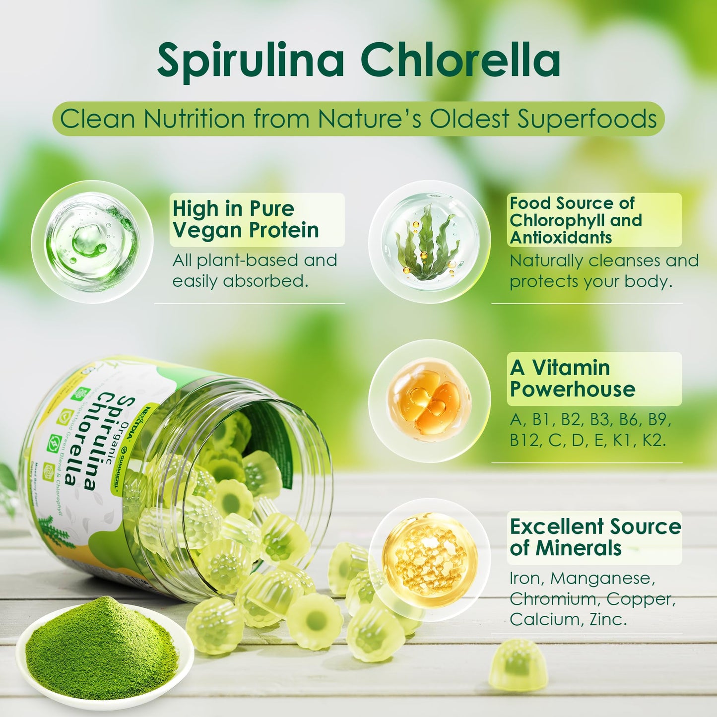 Nextdia (2 Pack) Organic Spirulina + Chlorella Gummies – Vegan Protein & Supergreens