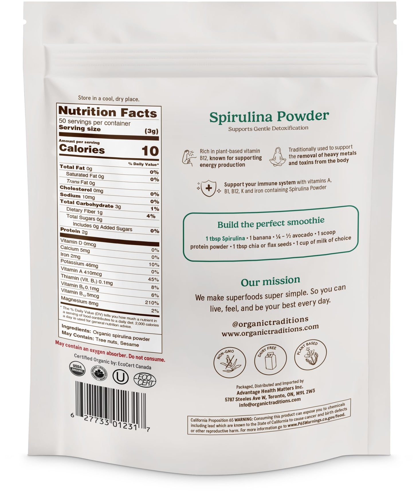Organic Traditions Spirulina Powder – Organic, Vegan & Non-GMO, 5.3oz (150g) Bag | 50 Servings