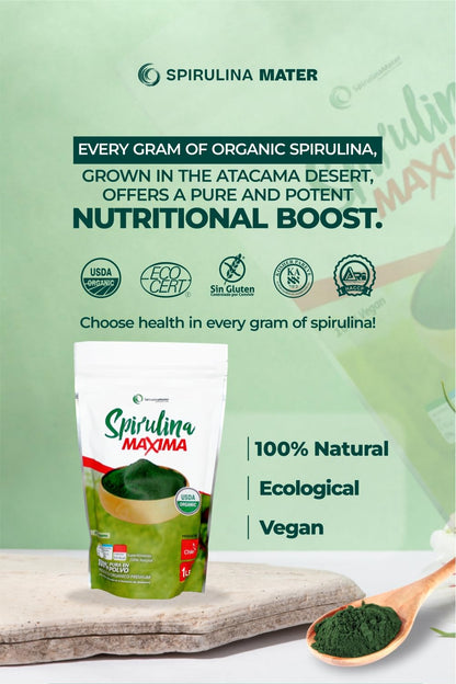 SpirulinaMater Spirulina Powder – USDA Organic, Atacama Desert | Energizing, Nutrient-Dense, Digestive Wellness – 1 lb