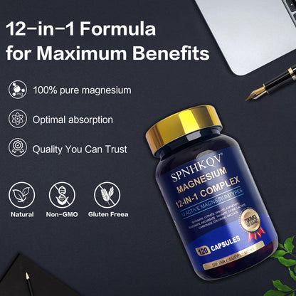 SPNHKQV Magnesium 12-in-1 Complex – 700mg High Absorption Magnesium Glycinate (120 Vegan Capsules)