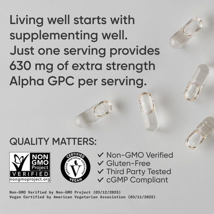 Sports Research® Alpha GPC 630mg (Extra Strength) – Bioavailable Choline for Focus & Cognitive Support | Vegan • Non-GMO • Gluten Free – 120 Liquid Capsules