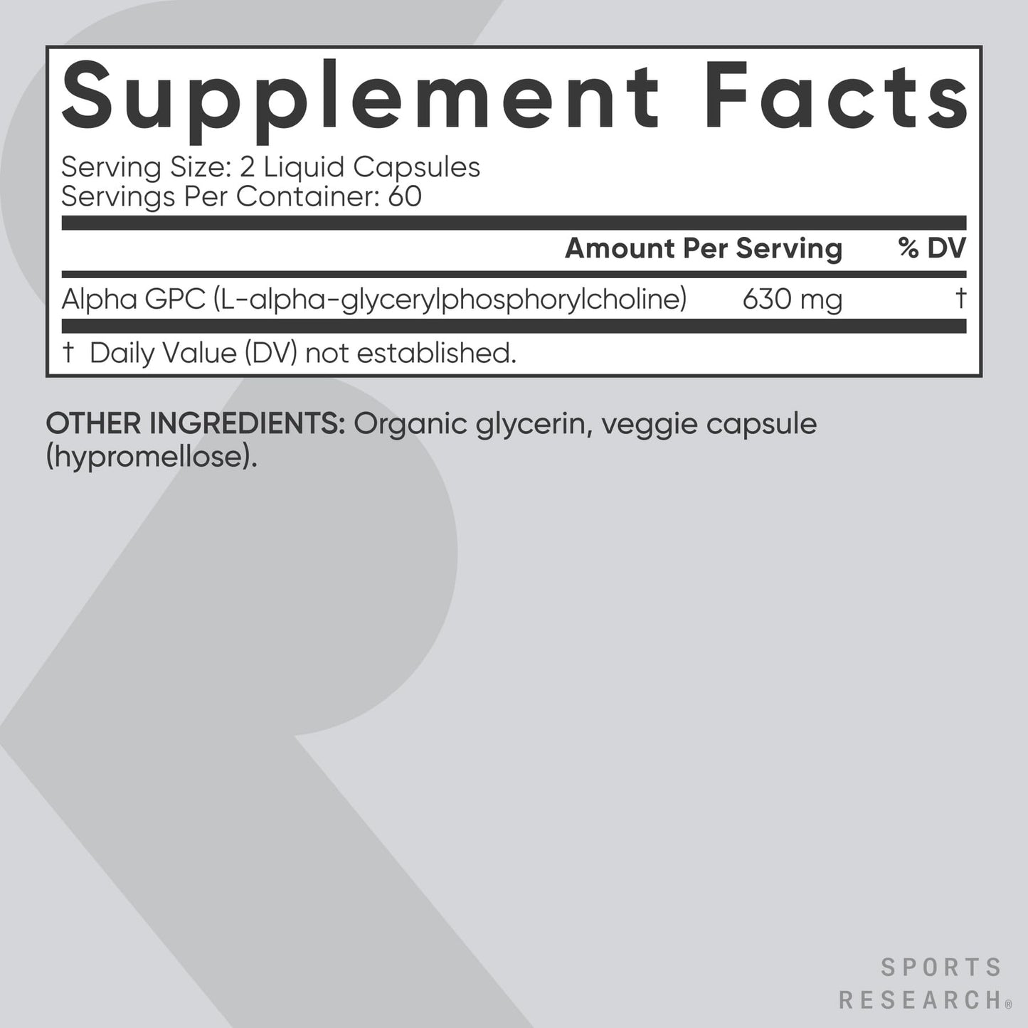 Sports Research® Alpha GPC 630mg (Extra Strength) – Bioavailable Choline for Focus & Cognitive Support | Vegan • Non-GMO • Gluten Free – 120 Liquid Capsules