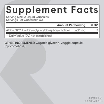 Sports Research® Alpha GPC 630mg (Extra Strength) – Bioavailable Choline for Focus & Cognitive Support | Vegan • Non-GMO • Gluten Free – 120 Liquid Capsules