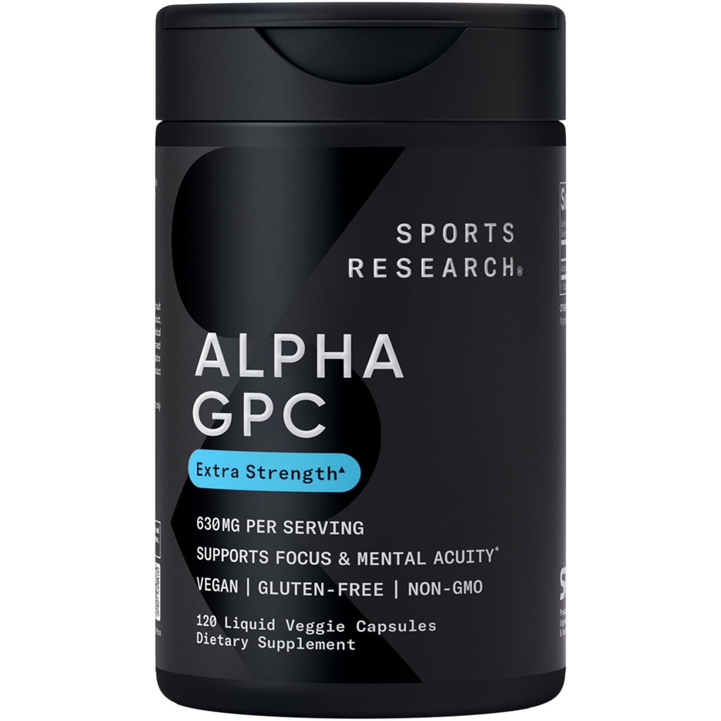 Sports Research® Alpha GPC 630mg (Extra Strength) – Bioavailable Choline for Focus & Cognitive Support | Vegan • Non-GMO • Gluten Free – 120 Liquid Capsules