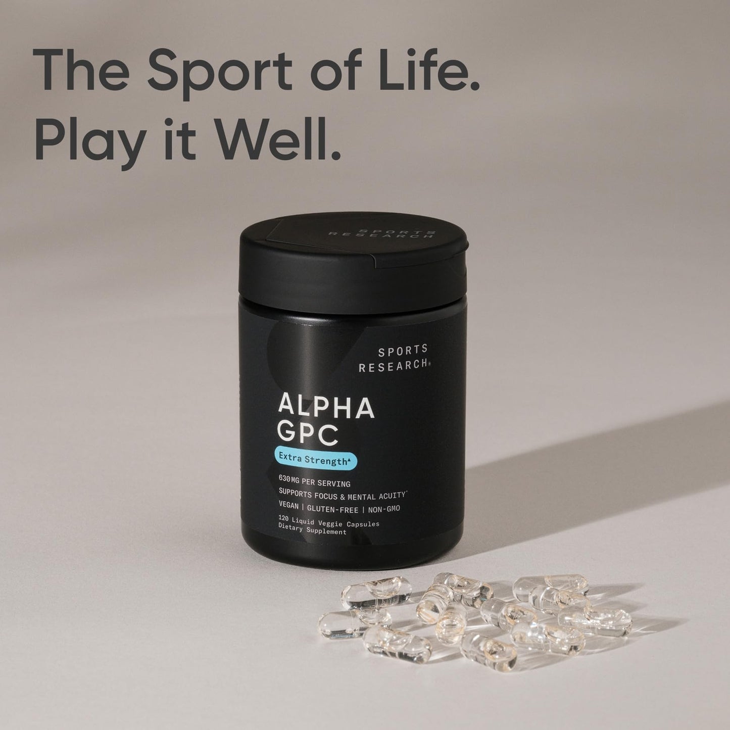 Sports Research® Alpha GPC 630mg (Extra Strength) – Bioavailable Choline for Focus & Cognitive Support | Vegan • Non-GMO • Gluten Free – 120 Liquid Capsules