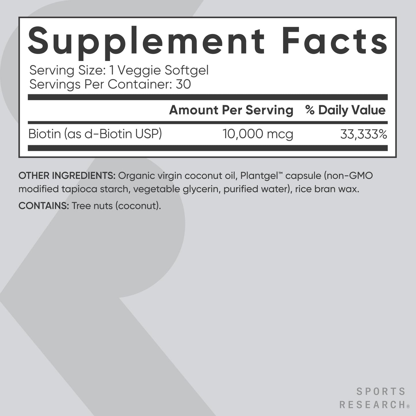 Sports Research Biotin 10,000mcg with Organic Coconut Oil – 30 Veggie Softgels | Vegan, Non-GMO