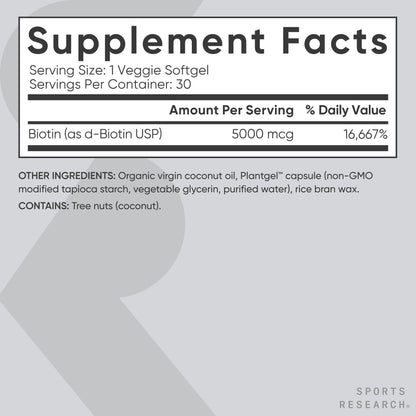 Sports Research Biotin 5000mcg with Organic Coconut Oil | Hair & Skin Support