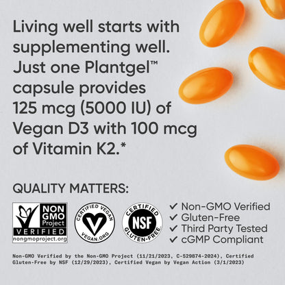 Sports Research Vitamin D3 + K2 with Coconut Oil – Vegan, 5000 IU D3, 100 mcg MK-7, 120 Softgels