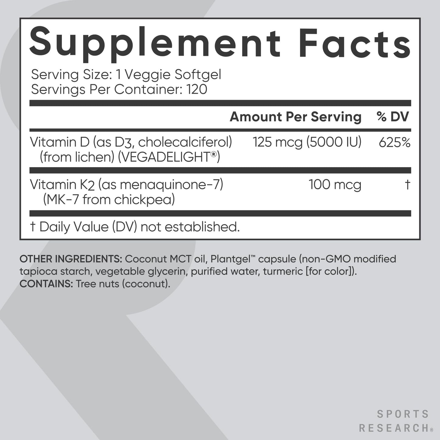 Sports Research Vitamin D3 + K2 with Coconut Oil – Vegan, 5000 IU D3, 100 mcg MK-7, 120 Softgels