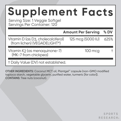 Sports Research Vitamin D3 + K2 with Coconut Oil – Vegan, 5000 IU D3, 100 mcg MK-7, 120 Softgels