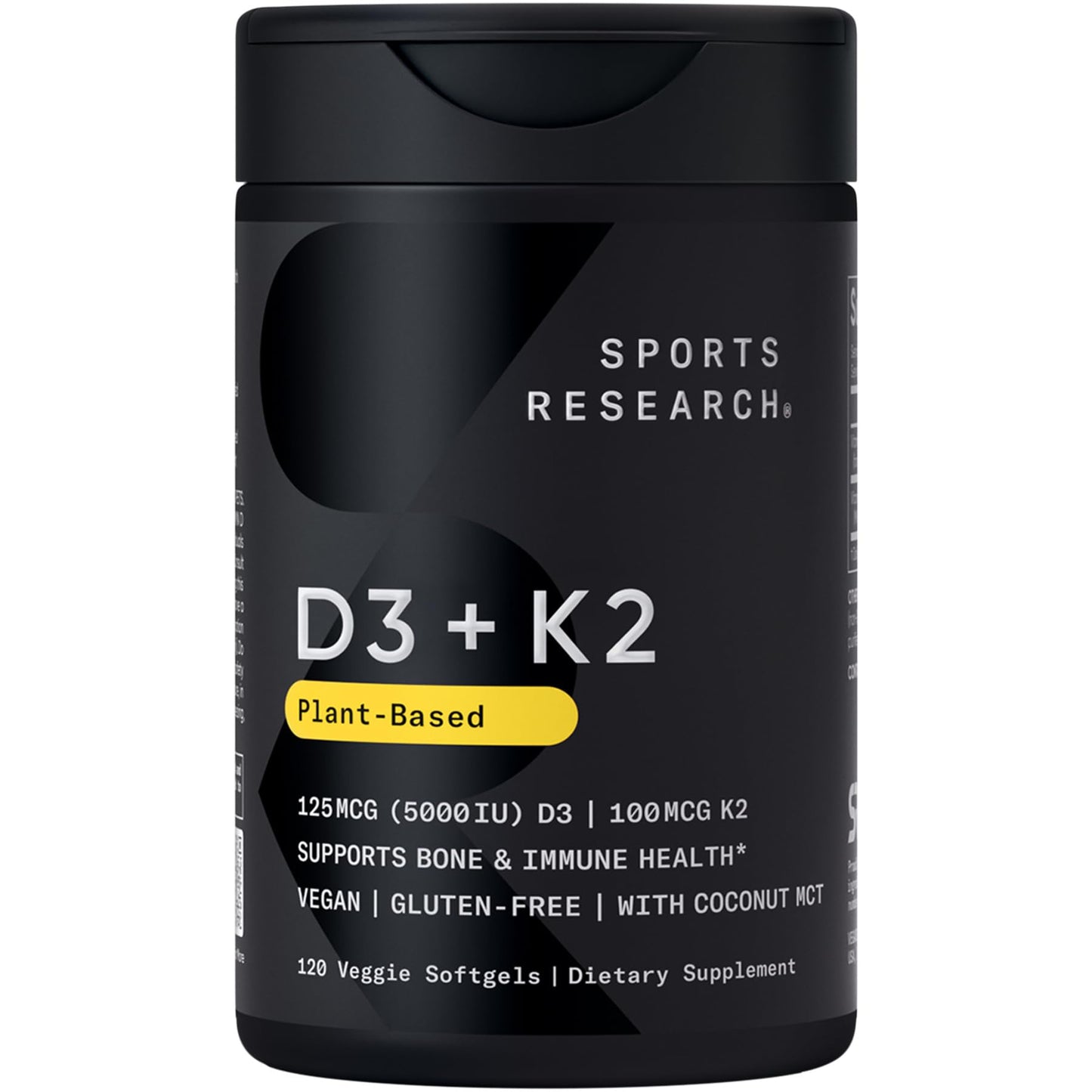 Sports Research Vitamin D3 + K2 with Coconut Oil – Vegan, 5000 IU D3, 100 mcg MK-7, 120 Softgels