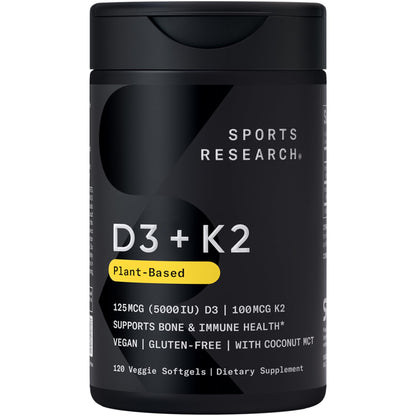 Sports Research Vitamin D3 + K2 with Coconut Oil – Vegan, 5000 IU D3, 100 mcg MK-7, 120 Softgels