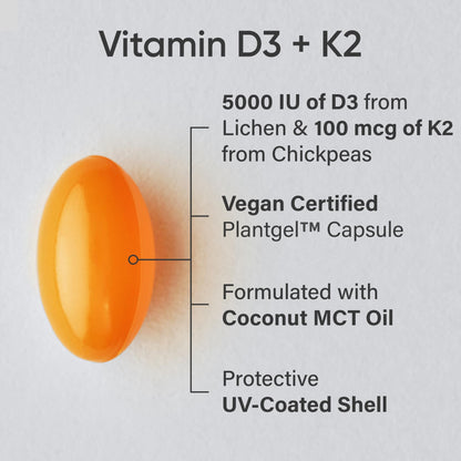 Sports Research Vitamin D3 + K2 with Coconut Oil – Vegan, 5000 IU D3, 100 mcg MK-7, 120 Softgels