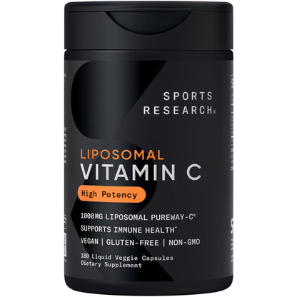 Sports Research High Potency Liposomal Vitamin C 1000 mg – Vegan, Non-GMO, Gluten Free | 180 Veggie Capsules