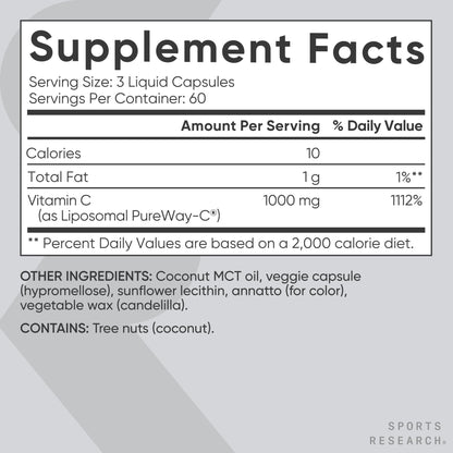 Sports Research High Potency Liposomal Vitamin C 1000 mg – Vegan, Non-GMO, Gluten Free | 180 Veggie Capsules
