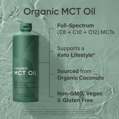 Sports Research Organic MCT Oil 32 oz – Keto, Vegan, C8/C10/C12 (Flavorless)