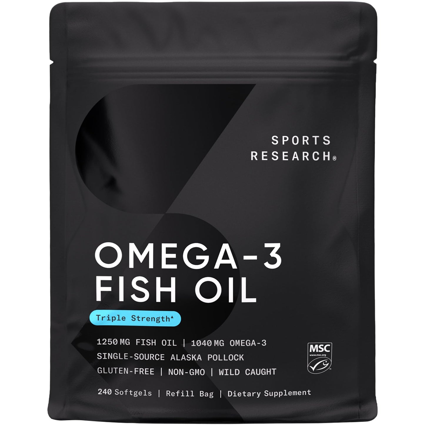 Sports Research Triple Strength Omega-3 Fish Oil - Burpless 1250 mg, 240 Softgels | Wild Alaska Pollock, EPA & DHA