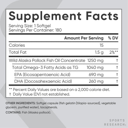 Sports Research Omega-3 Fish Oil 1250 - Triple Strength, MSC Certified, 180 Softgels