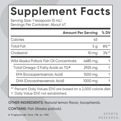 Sports Research Omega-3 Fish Oil, 8oz Glass Bottle – Lemon Flavor, Wild-Caught Alaska Pollock