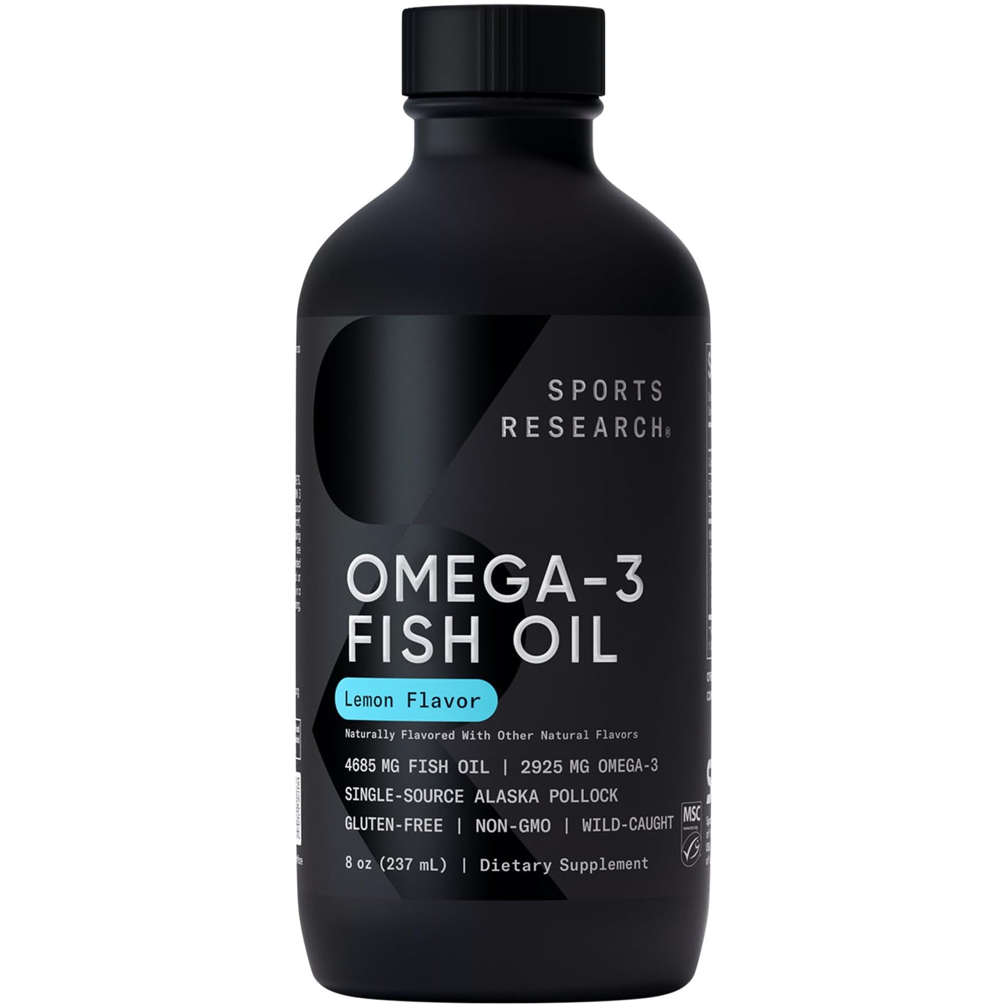 Sports Research Omega-3 Fish Oil, 8oz Glass Bottle – Lemon Flavor, Wild-Caught Alaska Pollock