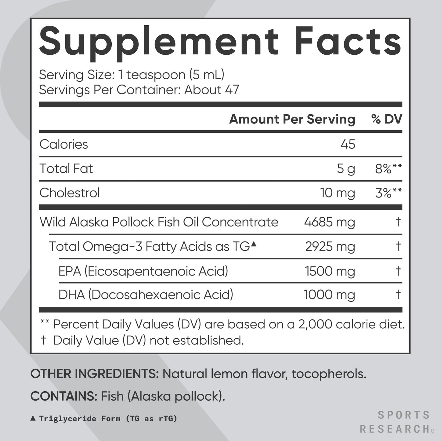 Sports Research Omega-3 Fish Oil, 8oz Glass Bottle – Lemon Flavor, Wild-Caught Alaska Pollock
