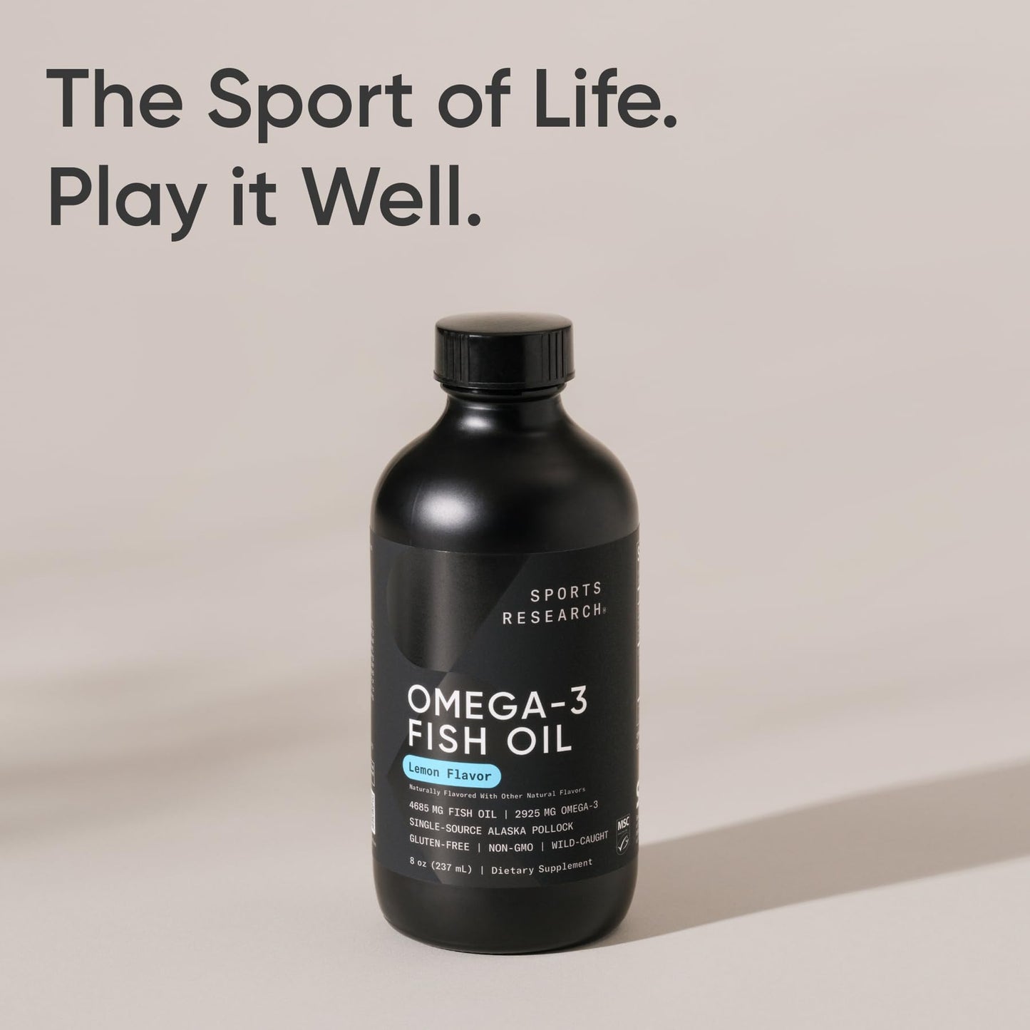 Sports Research Omega-3 Fish Oil, 8oz Glass Bottle – Lemon Flavor, Wild-Caught Alaska Pollock
