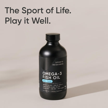 Sports Research Omega-3 Fish Oil, 8oz Glass Bottle – Lemon Flavor, Wild-Caught Alaska Pollock