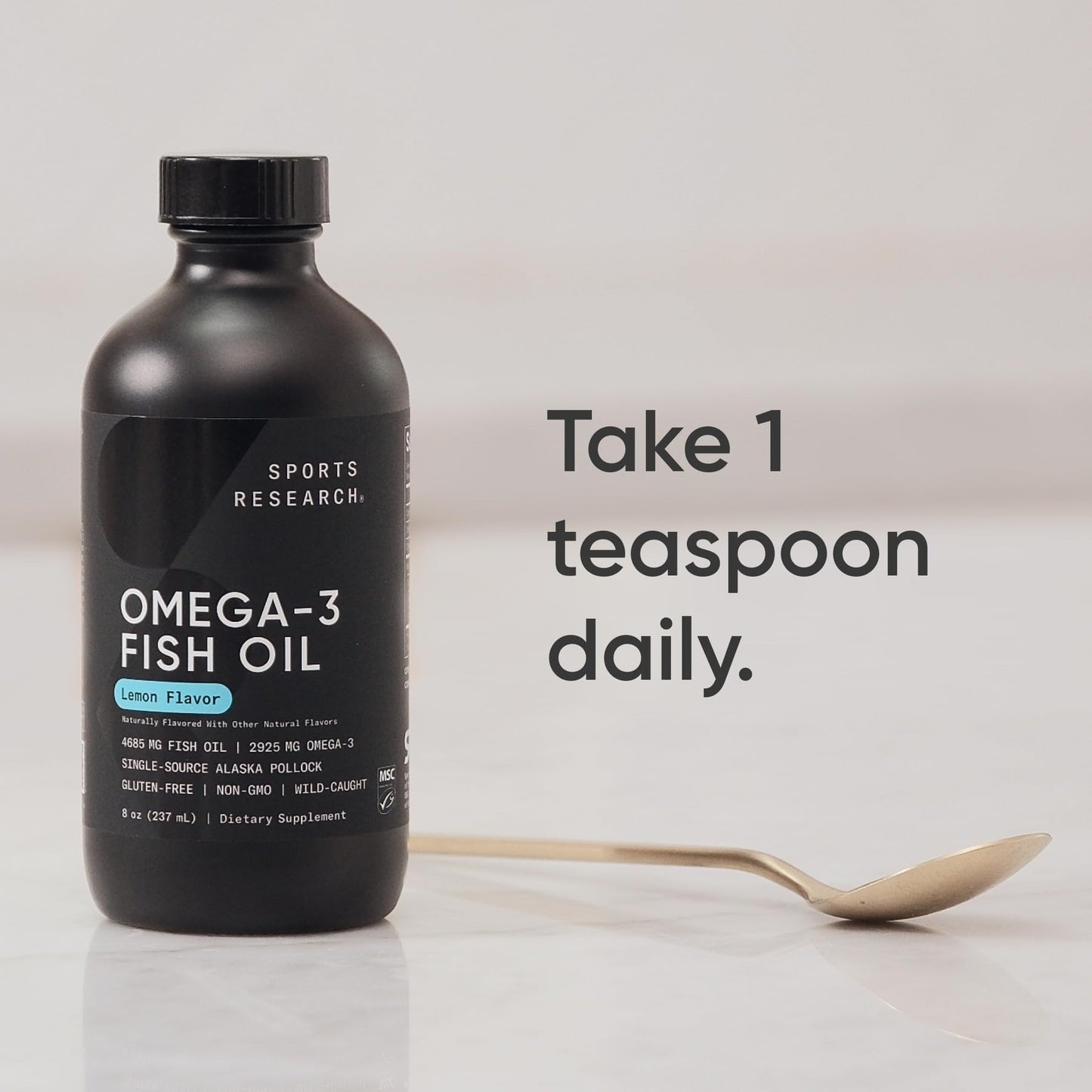 Sports Research Omega-3 Fish Oil, 8oz Glass Bottle – Lemon Flavor, Wild-Caught Alaska Pollock