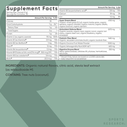 Sports Research Organic Greens Superfood Powder – Pineapple Coconut (30 Servings) | Spirulina, Chlorella, Adaptogens, Probiotics, 8 B Vitamins | Vegan, Sugar-Free
