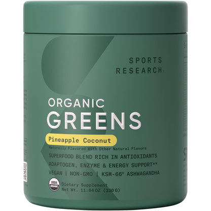 Sports Research Organic Greens Superfood Powder – Pineapple Coconut (30 Servings) | Spirulina, Chlorella, Adaptogens, Probiotics, 8 B Vitamins | Vegan, Sugar-Free