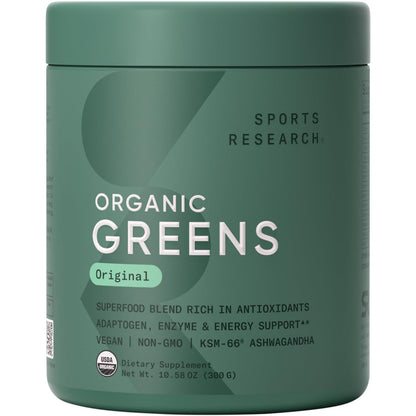 Sports Research Organic Greens Powder with Spirulina & Chlorella – 30 Servings, Vegan & Sugar-Free