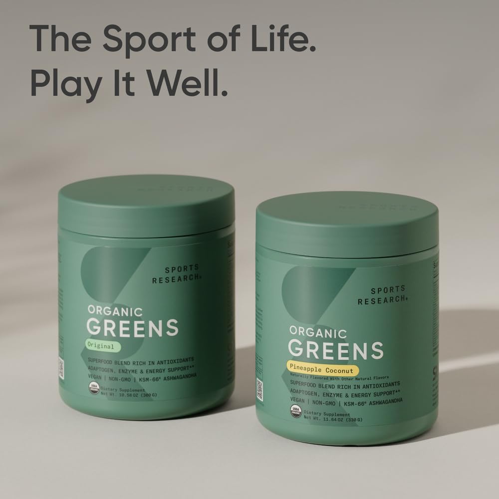 Sports Research Organic Greens Superfood Powder – Pineapple Coconut (30 Servings) | Spirulina, Chlorella, Adaptogens, Probiotics, 8 B Vitamins | Vegan, Sugar-Free