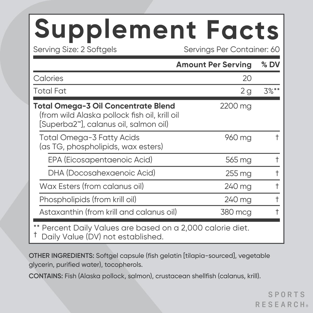 Sports Research Total Omega-3 Fish Oil 2200mg — EPA & DHA from Krill, Salmon & Pollock | 120 Softgels
