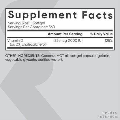 Sports Research Vitamin D3 1000 IU with Coconut MCT Oil - Immune & Bone Support