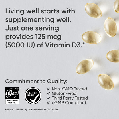 Sports Research Vitamin D3 5000 IU with Coconut MCT Oil – Extra Strength D3 Softgels, Non-GMO, Gluten & Soy Free, 30 Softgels