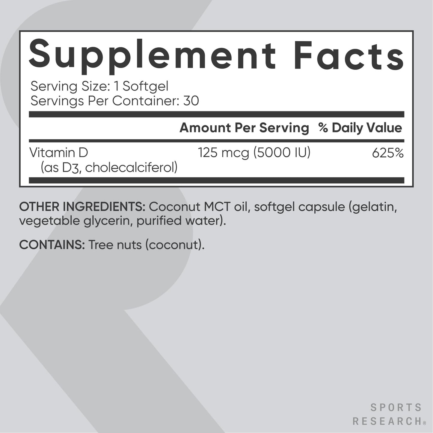 Sports Research Vitamin D3 5000 IU with Coconut MCT Oil – Extra Strength D3 Softgels, Non-GMO, Gluten & Soy Free, 30 Softgels