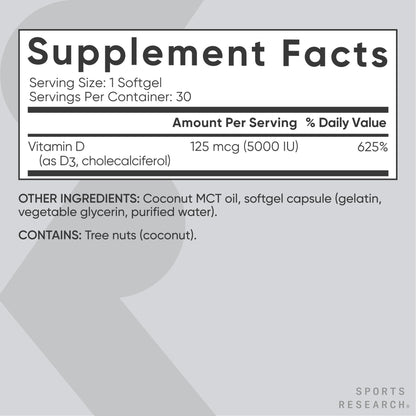 Sports Research Vitamin D3 5000 IU with Coconut MCT Oil – Extra Strength D3 Softgels, Non-GMO, Gluten & Soy Free, 30 Softgels