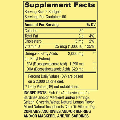 Spring Valley Omega-3 2000 mg + Vitamin D3 1000 IU – 120 Softgels