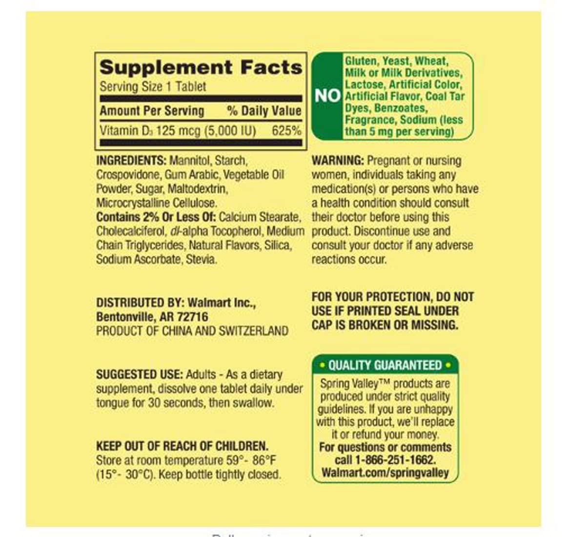 Spring Valley Vitamin D3 Fast Dissolve Tablets 125 mcg (5,000 IU) Strawberry – 90 Count
