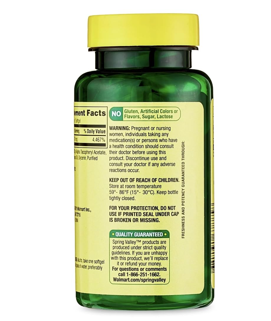 Spring Valley Vitamin E D-Alpha Softgels 670 mg (1,000 IU) – 60 Count | Heart Health