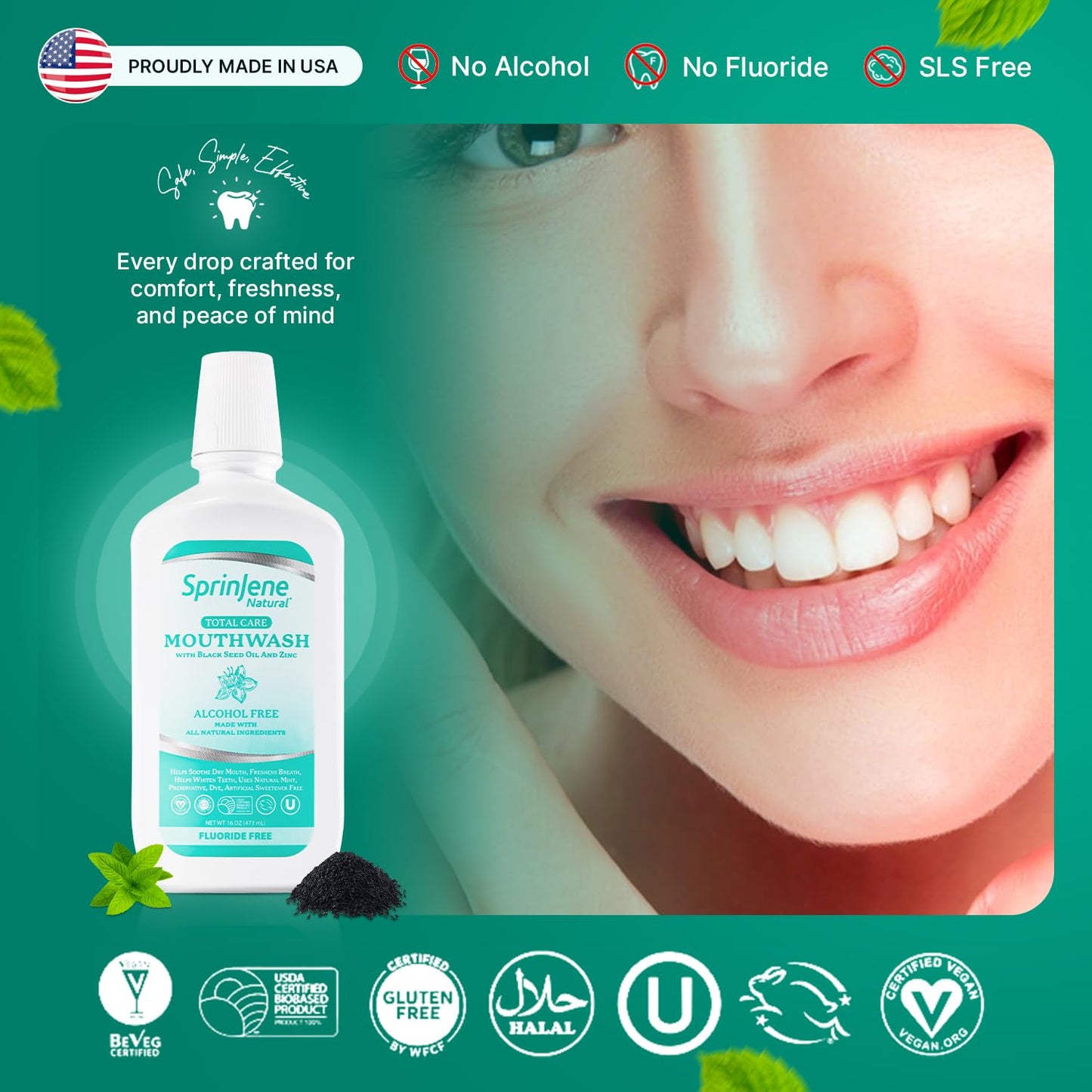 SprinJene Alcohol Free Mouthwash with Xylitol – Fluoride Free, Vegan & Made in USA (2 Pack)