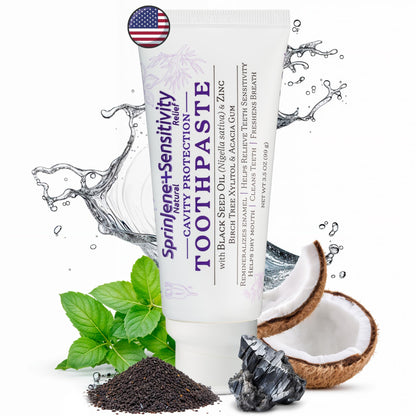 SprinJene Natural Sensitivity Relief Toothpaste – Fluoride for Sensitive Teeth, Cavity Protection, SLS Free – Black Seed Oil & Zinc – Made in USA (1 Pack)