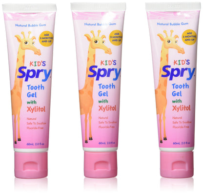 Spry Natural Xylitol Toothpaste for Babies & Kids – Fluoride Free, Bubble Gum, 2 oz (Pack of 3)