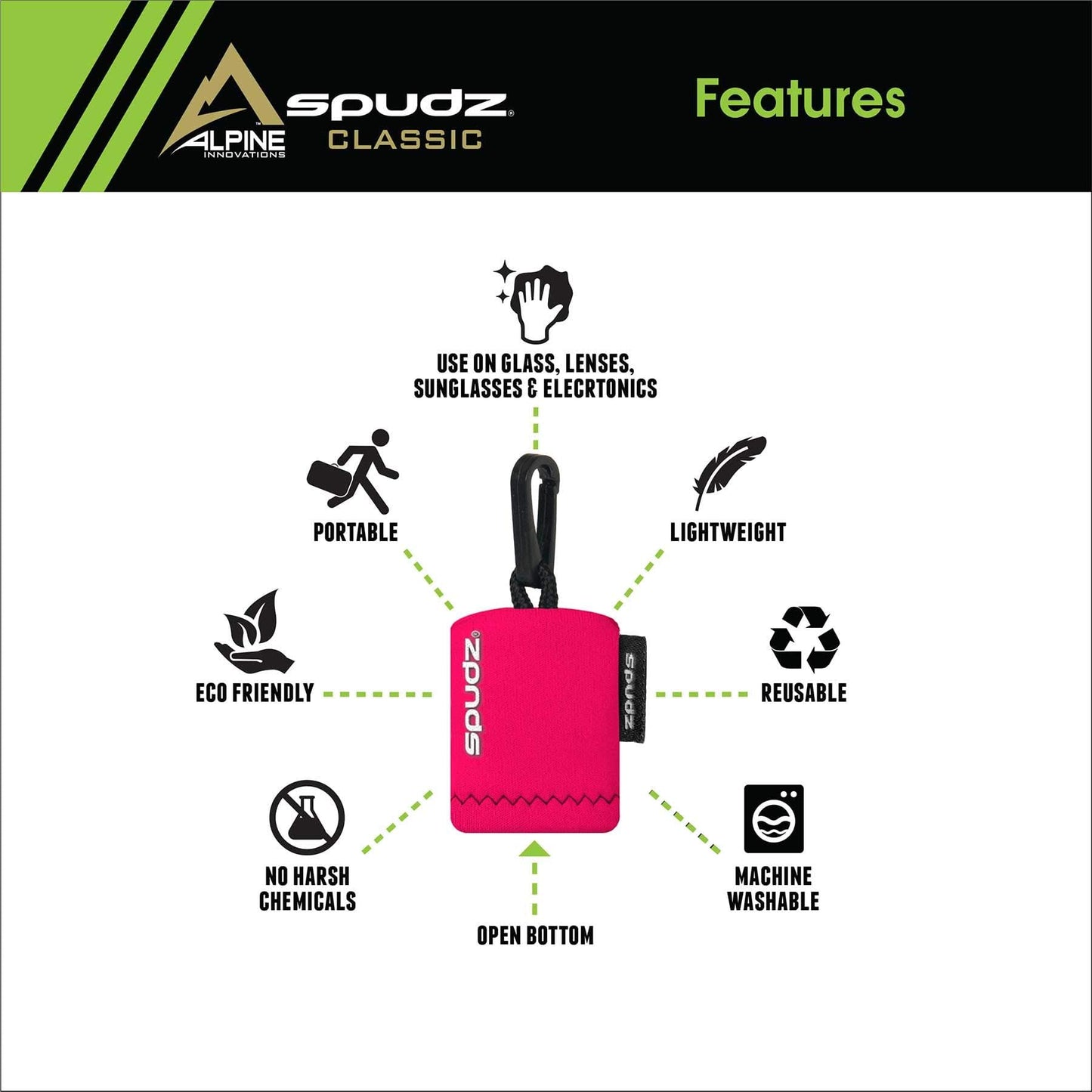 SPUDZ Classic Microfiber Lens Cleaner – Clip-On Pouch, 6x6 in, Pink (3-Pack)