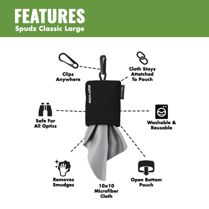 SPUDZ Classic Microfiber Lens Cleaner - Clip-On Pouch, Washable (6x6 in) - For Binoculars, Glasses, Screens