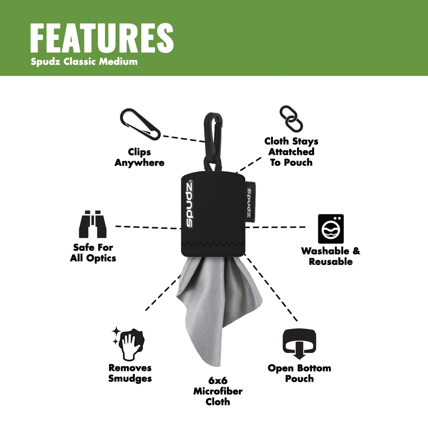 SPUDZ Classic Microfiber Lens Cleaner – Clip-On Pouch, Washable – 6 x 6 in | Pastel Unicorn